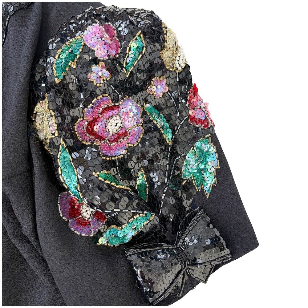 Vintage Beaded Sequin Cocktail Dress L Black Floral Sleeve Evening Glam Party - Picture 6 of 15